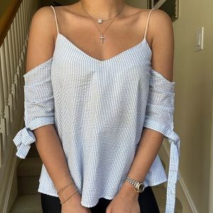 Blue and white striped off the shoulder top